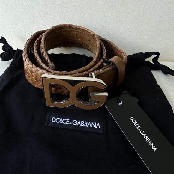 NEW DOLCE & GABBANA Belt Brown Weaved Leather DG Logo straw Buckle 80cm32in $620 main image 4